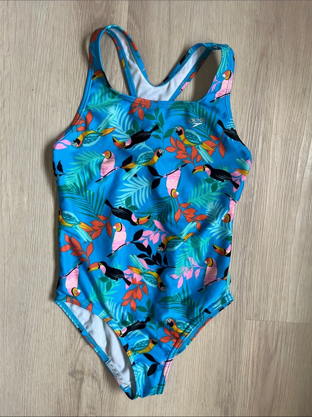 Girls Speedo Bright Blue Tropical Toucan Print One-Piece Swimsuit